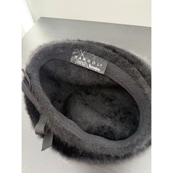 Kangol Black Furry Angora Beret‎ Bow Detail Made in England Vintage Y2K
